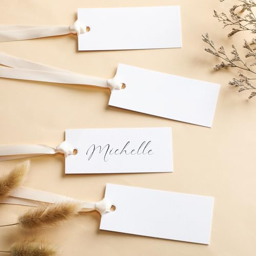 Humyoun 50 Pcs Name Place Cards for Table Setting Blank Wedding Place Cards with Satin Ribbon 1.57 x 3.54 Inch Hanging Gift Tags for Wedding Dinner Banquet Party Table Setting Supplies(Beige)