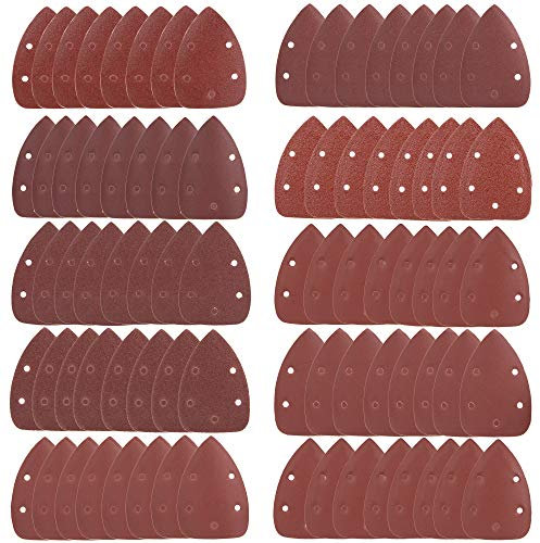 Triangoli Abrasivi, 80 Pezzi Carta Vetrata con 5 Fori per Mouse Levigatrice Smerigliatura Fogli Abrasivi, Allumina Grana 40/60/80/100/120/180/240/320/400/800