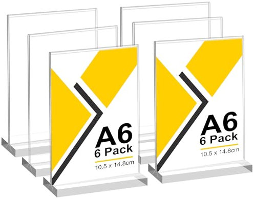 Lot de 6 Porte affiche en Acrylique A6, Forme en T Support Double Face Vertical Transparent, Cadre Photo en Plastique, Affichage de Menu Presentoir pour Réception, Bureau, Magasin, Restaurant, Hôtel