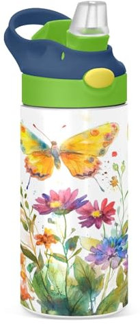 JUMBEAR Belle bouteille d'eau de 350 ml avec couvercle à paille, bouteille d'eau isotherme en acier inoxydable pour garçons et filles avec fleurs sauvages et papillons printaniers