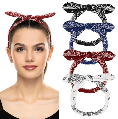 4 Stück Paisley-Stirnbänder, elastische Paisley-Bandanas mit Hasenohren, Retro-Kopftuch für Damen, Boho-Schleifen-Bandana, Knoten-Kopftuch für Mädchen, Yoga, Fitness, Alltag, Karneval, Party
