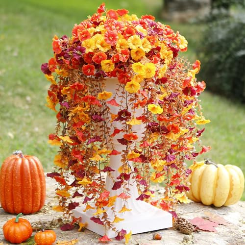 Katflyee Artificial Fall Flowers for Outdoors, 6pcs Fake Hanging Silk Petunias Flowers UV Resistant Faux Plants for Outdoor Planters, Basket, Backdrop, Balcony- Mix Fall Color
