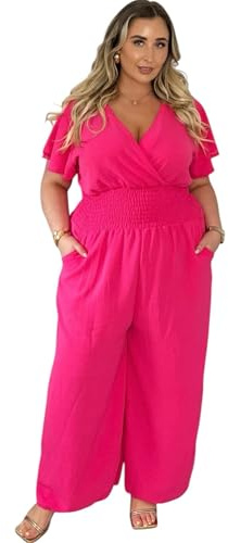 Jumpsuit For Women Elasticated Waist V-Neck Harem Wide Leg Dungarees Overalls Joggers Long Pants Baggy Trousers Summer Short Sleeve Wide Rompers Collar Loose Playsuit (Hot Pink , UK 12-24)