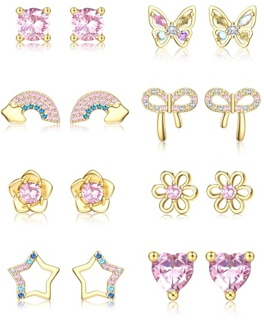 Milacolato 8 Paires de Boucles d'oreilles Femme Argent 925 Boucle d'Oreille Hypoallergéniques Boucle d'oreille Fleur Coeur Papillon Mignon Petit Coeur Papillon Mignon Petit Bijoux Pour Femmes Or