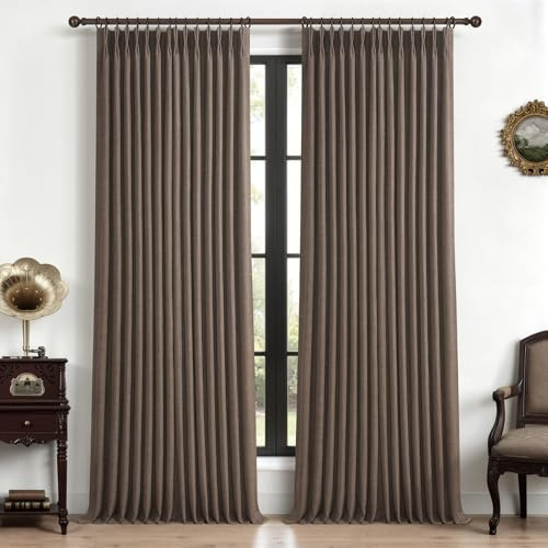 Pinch Pleat Dual Layer Linen Curtains 102 Inches Long for Living Room 2 Panel Set, Memory Trained Pleated Dark Brown Blackout Farmhouse Insulated Soundproof Window Burg Sliding Glass Door Viral Drapes