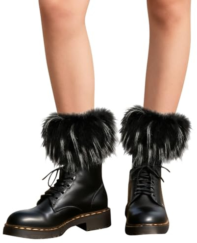 XEPST Faux Fur Leg Warmers Boot Cuffs Furry Wrist Cuffs Warmer for Women, Short Furry Fuzzy Leg Cuffs for Costume Cosplay, Black with White Points