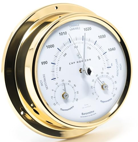 CAP HORIZON CP100BTH500LT Wetterstation, Glas, Messing poliert | Wetterwarte mit Barometer, Hygrometer, Thermometer, 12,5 cm Durchmesser, Made in Germany