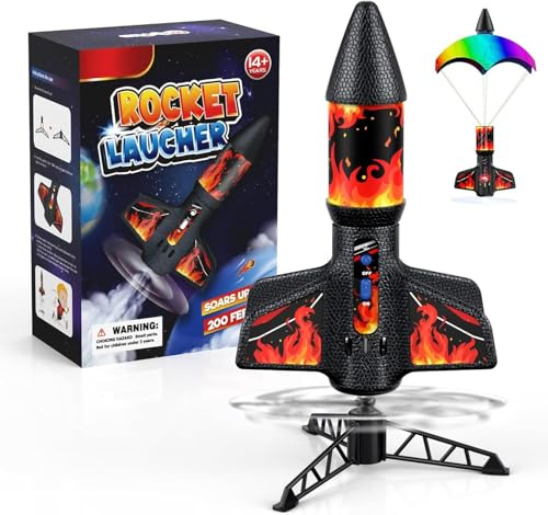 PDBEST Rocket Launcher for Kids with Parachute LED Light, Flight Altitude 200 Feet, Rechargeable Self-Launching Rocket Launch for Ages 8 to14 Gift for Kid Girl and Boys Red