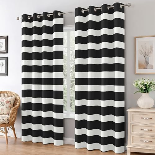 Generisch Gestreift Vorhänge Wohnzimmer, Vorhang Blickdicht Schwarz Weiß Gestreift Gardinen mit Ösen Schlafzimmer, Thermo Verdunklungsvorhänge 2er Set H137 x B117 cm pw&64