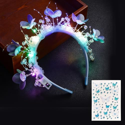 AWSOLAR Blumenkranz Haare LED mit Schmetterling Gesichtsaufkleber | LED Haarschmuck für Karneval, Ball, Geburtstag, Party, Festival Zubehör