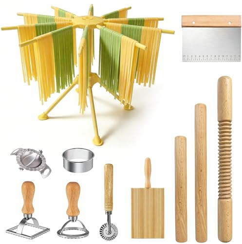 11 Pcs Pasta Making Tools-3 Size Rolling Pins，2 Dumpling Molds，Dumpling Marker，Square and Round Pasta Stamp,Dough Cutter,Pasta Drying Rack,Gnocchi Board,Pasta Making Kit Accessories for Home