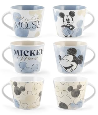 H&H Set 6 Tazze da Tè Mickey Blogger in New Bone China – Decoro Disney, Senza Piattino, Capacità 280 cc