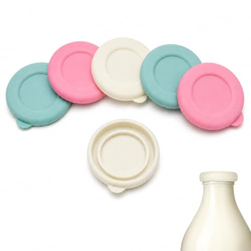 6 Silicone Milk Bottle Tops for UK One Pint Glass Bottles, Reusable Lids | Two each in green, pink and beige; flexible 33 mm inner opening for doorstep dairy containers and simple colour coding