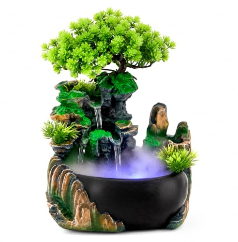 Zimmerbrunnen Tischbrunnen mit Befeuchtungsfunktion,Tischbrunnen Wasserfall | Mit LED&Pflanzen,Feng Shui Rad,Wasserfall-Fließeffekt,Leiser Indoor Springbrunnen,Desktop Zierde für Wohnzimmer,Büro