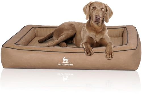 Knuffelwuff Orthopädisches Hundebett aus Laser gestepptem Kunstleder Montego M-L 85 x 65cm Camel