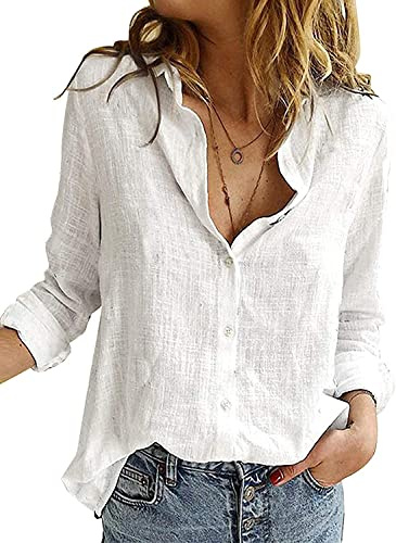 Livonmone Women's Blouses Shirts Casual Long Sleeve V Neck Button Down Basic Loose Tunic Tops Solid White S