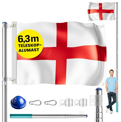 MONZANA® Telescopic Aluminium Flagpole Mast | 6.3m / 20FT | With England and Union Jack Flags | Compatible With 90 x 150 cm Flags | 630 cm Mast Including 60 cm Stable Ground Socket