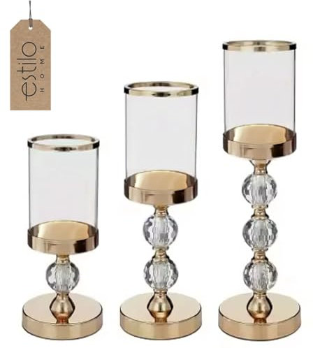 Glas-Kerzenhalter Kelch Glamour Windlicht Kristalle - Set aus 3 Stück (Golden)