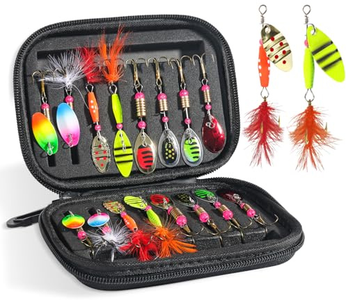 16pcs Fishing Lures Spinner Baits, Trout Bass Salmon Lures Kit with Treble Fishing Hooks & Rooster Tail, Fishing Gears Spinnerbait Spoons Baits for Freshwater Saltwater Trout, Gift for Men
