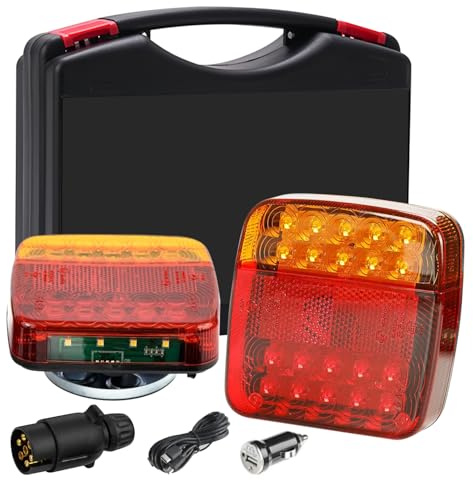 Faros traseros LED para remolques, inalámbricos, 12/24 V, magnéticos, juego de luces traseras con intermitente, luz de freno, luz de posición y luz de matrícula, resistente al agua IP65, luz trasera