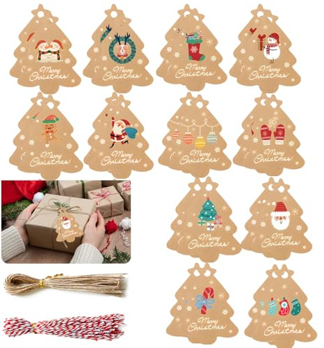 Weihnachten Geschenkanhänger 96 Stück, Etiketten Weihnachten, Geschenkanhänger Kraftpapier with Schnuren, Kraftpapier Anhänger für Xmas Dekoration