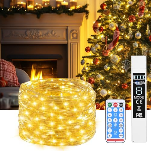 Guirlande Lumineuse LED 20M 200 LED Blanc Chaud, Rechargeable Batterie 1800mAh avec Écran LCD, USB-C, IP44, 8 Modes, Minuterie, Télécommande, Guirlande LED Flexibles pour Intérieur/Extérieur (1)