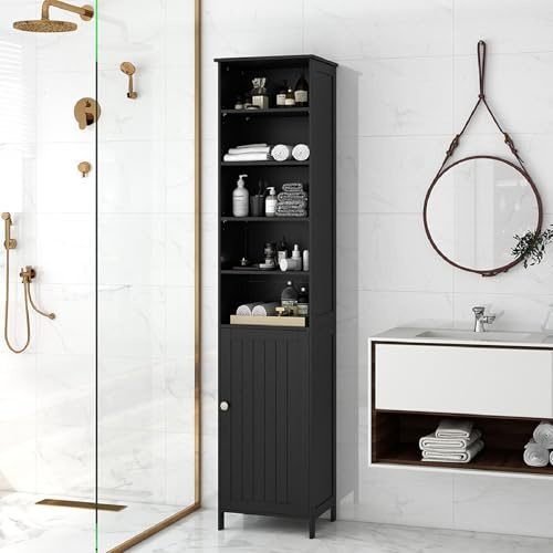 COSTWAY Bathroom Tall Cabinet, Floor Standing Cupboard Organiser with Adjustable Shelves and Door, Home Living Room Hallway High Storage Shelf Unit (Black, 40 x 34 x 182cm)