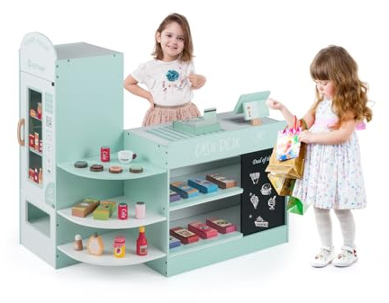 DREAMADE Kasse Kaufladen Kinder, Kaufmansladen Holz mit realistischer Kasse & Verkaufsautomat, Spiel-Supermarkt mit Zubehör & Kreidetafel, Verkaufsstand Spielzeug Set für Kinder ab 3 Jahren (Mint)