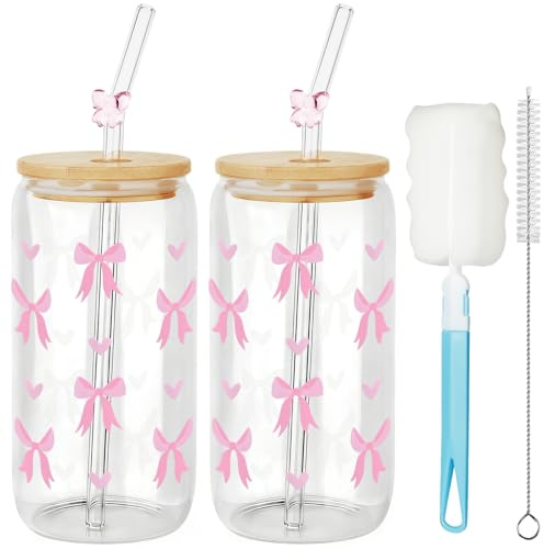 Mssushi 2 Bow-Trinkgläser Glas 500ml, Rosa Schleife & Herz | 500ml, Rosa Schleife & Herz, Schleifen Glas mit Strohhalm, Glas mit Deckel und Strohhalm, für Kaffee, Tee, ästhetisch