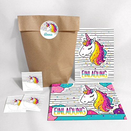 JuNa-Experten 6-er Set Einladungskarten, Umschläge, Tüten, Aufkleber zum Kindergeburtstag für Mädchen Einhorn/Unicorn/Einladungen