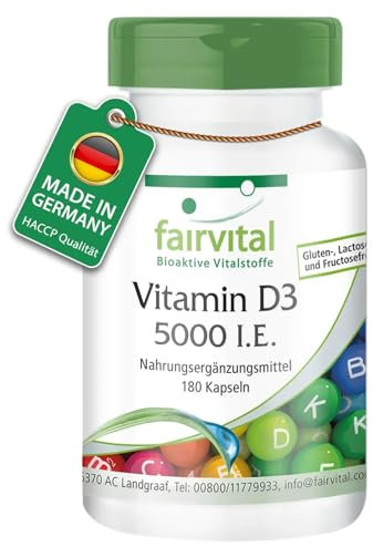 Fairvital | Vitamin D3 5000 I.E - 180 Kapseln - HOCHDOSIERT - alle 5 Tage 1 Kapsel - Cholecalciferol