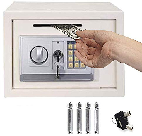 16L Digital Steel Safety Box Safe Electronic Security Coffer Safety Deposit Box 2 Manual Override Keys-Protect Money with Keypad Idea for Home Office Cash Money Passports White