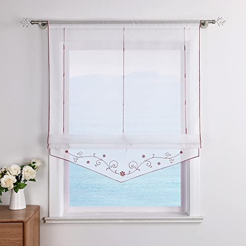 ESLIR Raffrollo mit Schlaufen Raffgardinen Gardinen Küche Rot 80x140cm | Vorhänge mit Tunnelzug,Transparent,Schlaufenrollo,Bestickt,Modern Voile,durch Stangendurchzug,Stickerei,Wohnzimmer