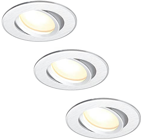 HCFEI 3er Set LED Einbaustrahler flach FLAT DIM 120° 230V 3W Warmweiß 3000K Einbauloch 68-75 mm, Silber gebürstet, Schwenkbar, Einbautiefe 25 mm