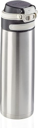 Leifheit Thermobecher Flip 600ml, Kaffeebecher 100% dicht, praktisches Öffnen mit einer Hand, Trinkbecher to go mit Filter für Wasser mit Obststücken, hält Getränke bis zu 6 Stunden heiß, silber