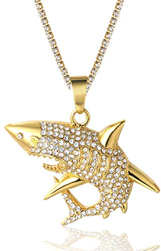 Halukakah Goldkette Herren Iced Out,18 Karat Echt Vergoldet Volle Cz Hai Anhänger Halskette,Labordiamants Zinken-Set,mit Baby-Tennis-Kette 50cm,KOSTENLOSE Geschenkbox