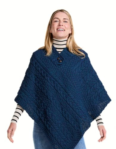 Aran Woollen Mills 100% Irish Merino Wool Ladies Poncho Blue One Size