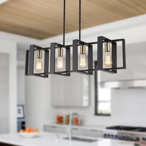 35.4 Kitchen Island Lighting Fixture, Dining Room 4 Lights Chandeliers, Black Wood+Metal Pendant Light for Foyer Hallway Living Room