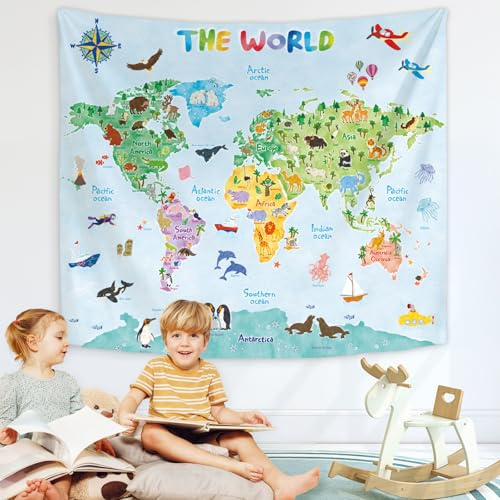 BASHOM TP-001 Große Tierweltkarte Wandteppich Kinder Wandteppiche Wandbehang für Schlafzimmer Wohnzimmer Wohnheim Art Home Decor Polyester 60x50 Zoll (150x130cm)