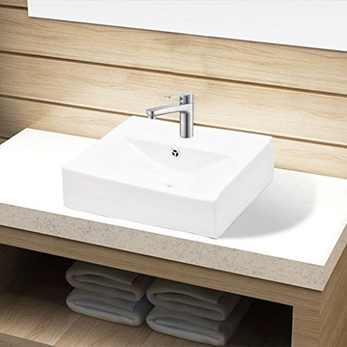 Tidyard Lavabo in ceramica con foro per rubinetto/troppopieno, lavabo da incasso, lavabo in ceramica, lavabo a mano, per bagno, lavanderia, bianco, rettangolare