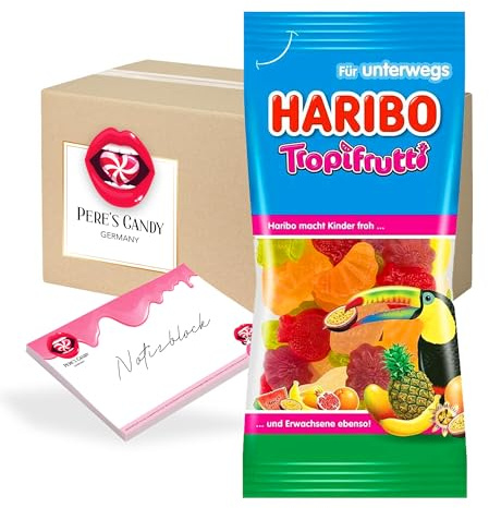 Pere's Candy Bundle für Haribo Mini Tropi Frutti 14er Pack (14 x 75 g) + Pere's Candy Notepad DIN A7-25 Blatt