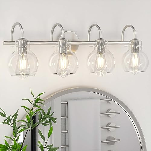 PRIMEPLUS 4-Light Bathroom Light Fixtures, Brushed Nickel Vanity Light, Farmhouse Wall Lights with Clear Glass Shade, Bathroom Wall Lamp for Mirror Kitchen Bedroom Hallway Living Room Hallway Cabinet