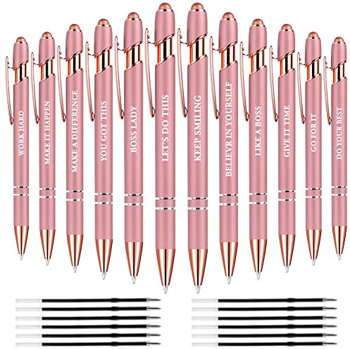 AUAUY Kugelschreiber, 2 in 1 Soft Touch Kugelschreiber, 12 Stück Druckkugelschreiber mit 12 Nachfüllungen, Inspirierender Stift aus Metall für Schreibtisch Mitarbeiter Abschluss Jubiläum Büro(Rosa)