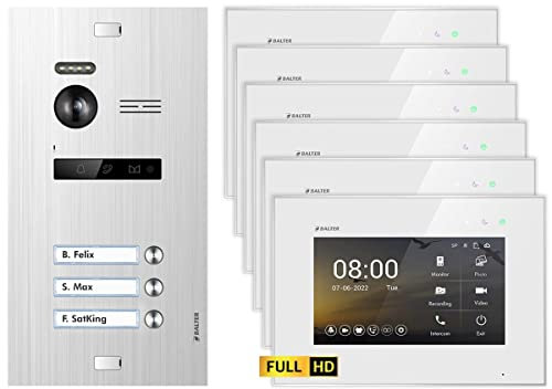 Balter EVO HD Silber/Weiß Video Türsprechanlage Set für 3 Familienhaus (1x Türstation mit Full HD-Kamera, 6X Touchscreen 7 Zoll Monitor, 2-Draht Bus, 175° Weitwinkel, Türöffner)