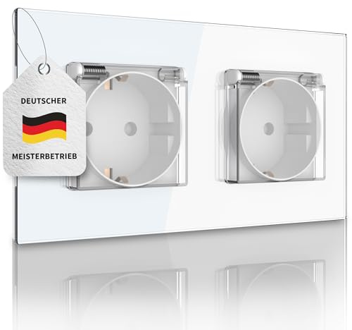 PULSAR Unterputz-Steckdose mit Deckel 2-Fach Glas Weiß, Klappdeckel | Steckdose mit Deckel Unterputz Weiß 2-Fach Glas, Wandsteckdose 230 V / 16 A für Feuchträume, Steckdose mit Klappe