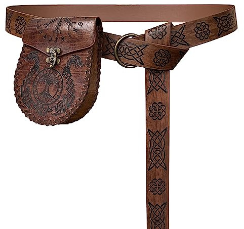 HiiFeuer Mittelalter Geprägter O-Ring Gürtel mit Nordisch Geprägter Gürteltasche, Vintage Kunstleder Gürtel und Seitentasche Set für LARP (Braun A)