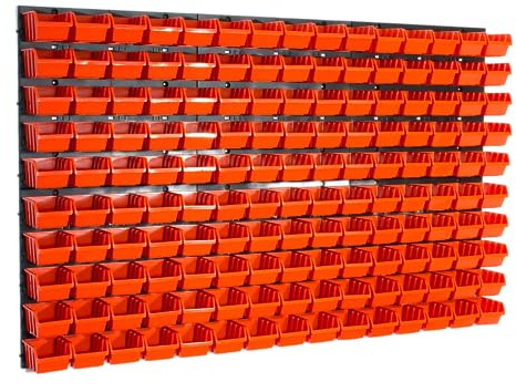 150 Stapelboxen Orange mit Wandregal 120 x 80 cm | boxen lager wandplatten wandpaneel werkstatt garage