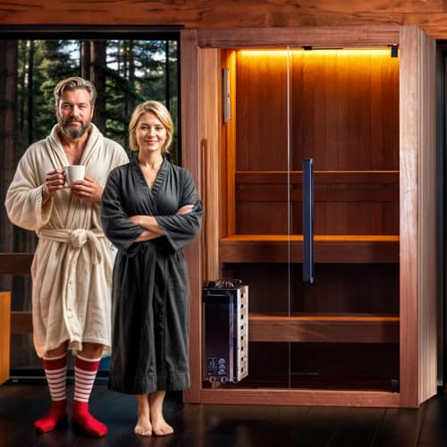 GLOBAL RELAX® I DHARANI Vapor Sauna de Interior para 2 Personas I Estufa electrica I Madera Termotratada I Cuida la Piel I Reduce el estrés I Elimina toxinas I Panel de Control I USB I MP3