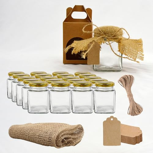Espirito Rebelde Set 20 Barattoli di Vetro Quadrati 100 ml + 20 Scatole, Etichette Kraft, Tessuto e Spago – Vasetti per Spezie e Marmellata | Bomboniera