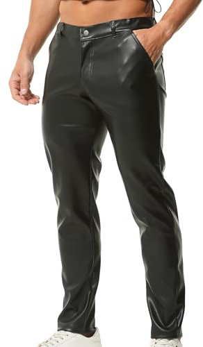 QiaTi Pantaloni da uomo in ecopelle, casual, elasticizzati, in PU, a gamba dritta, slim fit, pantaloni lunghi per moto e discoteca per uomini, Nero , XL